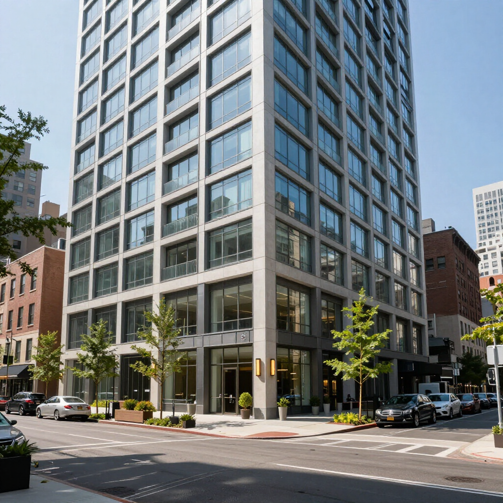 Modern glass office tower at a city street corner with parked cars and trees