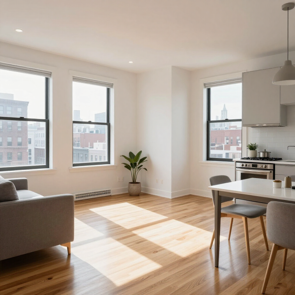 Bright modern apartment living room with large windows, sunlight, sofa, dining table, and kitchen area