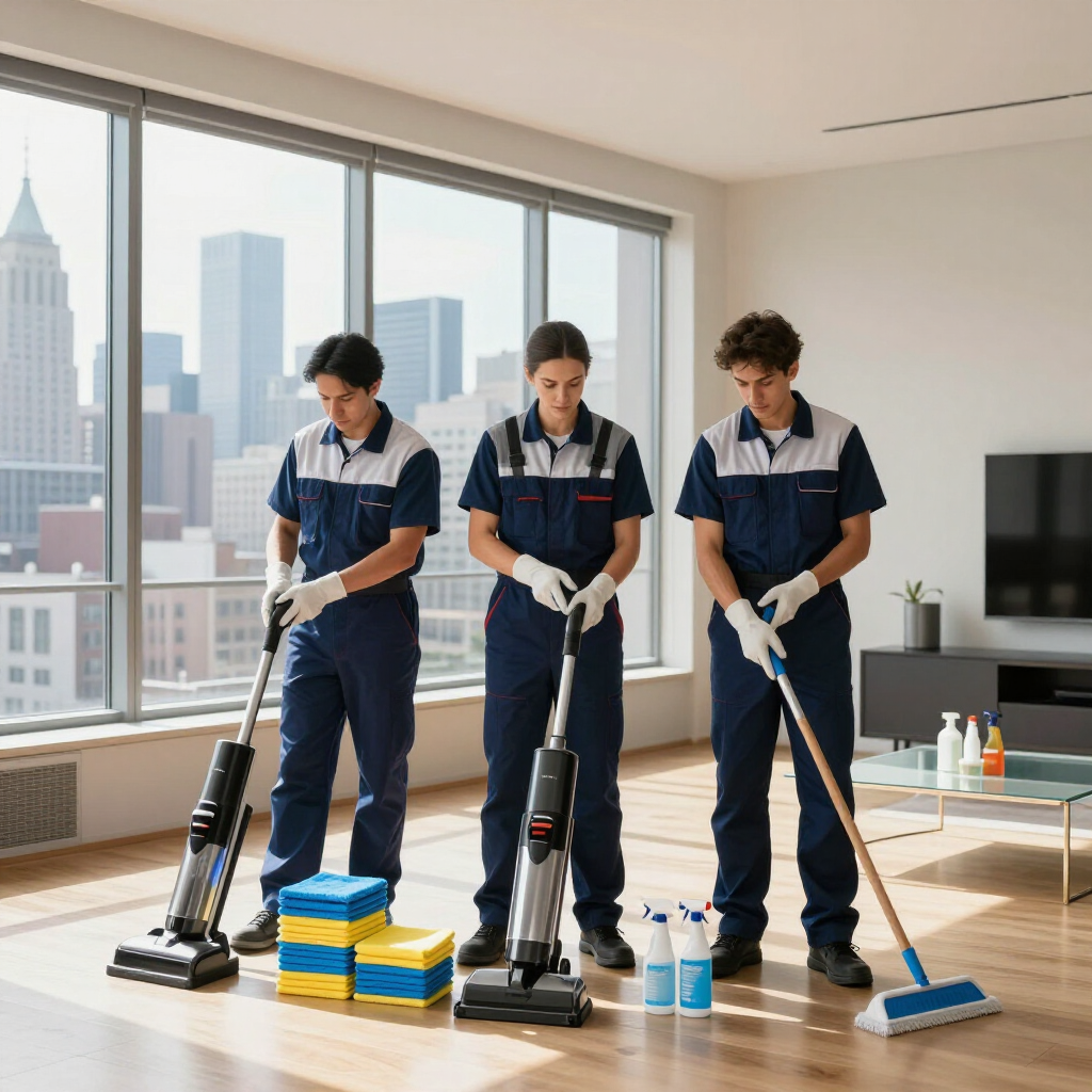 Three cleaners in navy uniforms mopping a bright office with city skyline windows.