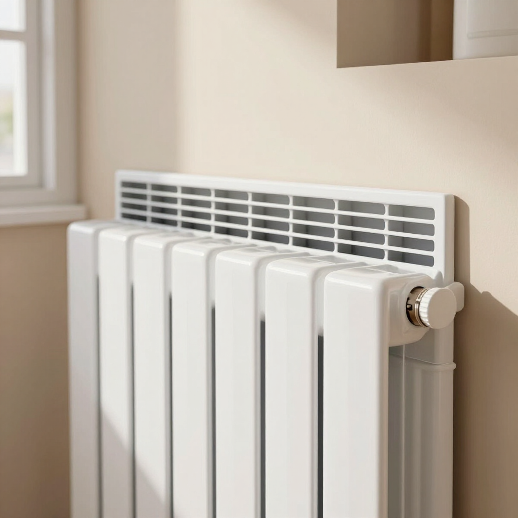 White radiator against a beige wall beneath a window, with a thermostatic control knob on the side