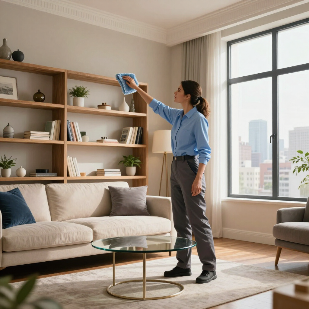Person dusting a bookshelf in a sunlit living room with a beige sofa and large window