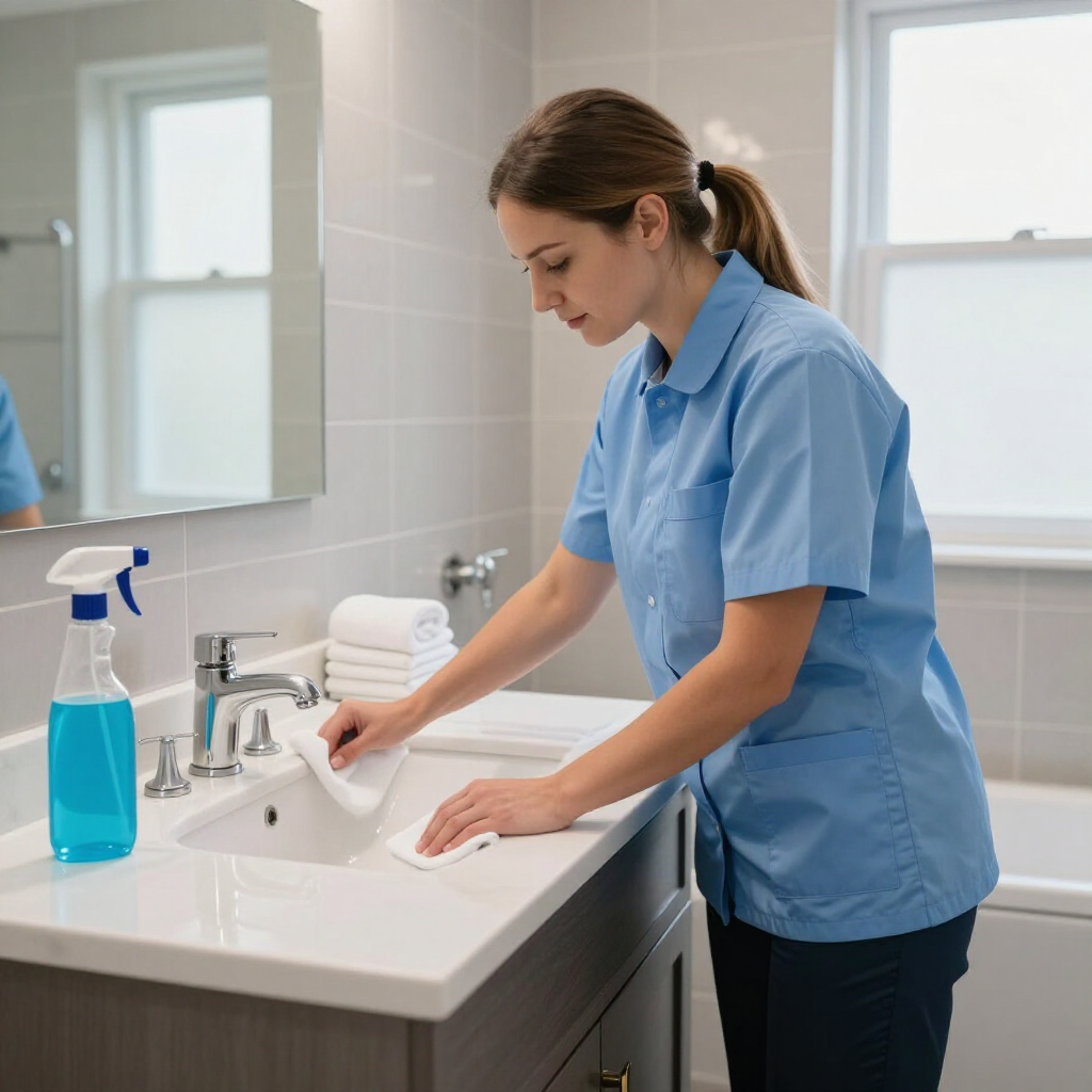 Woman cleaning a bathroom sink with a cloth beside a blue spray bottle