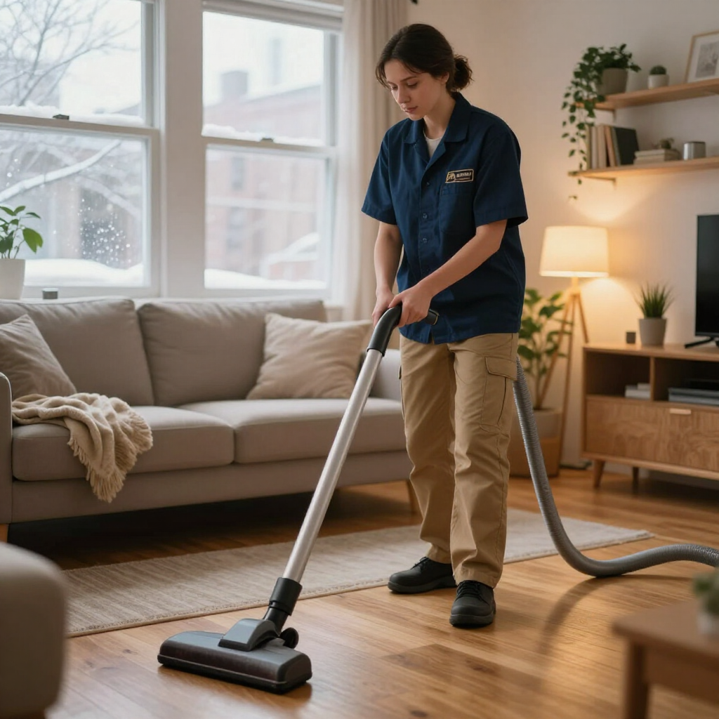 Person vacuuming a hardwood floor in a bright living room with a beige sofa and window light