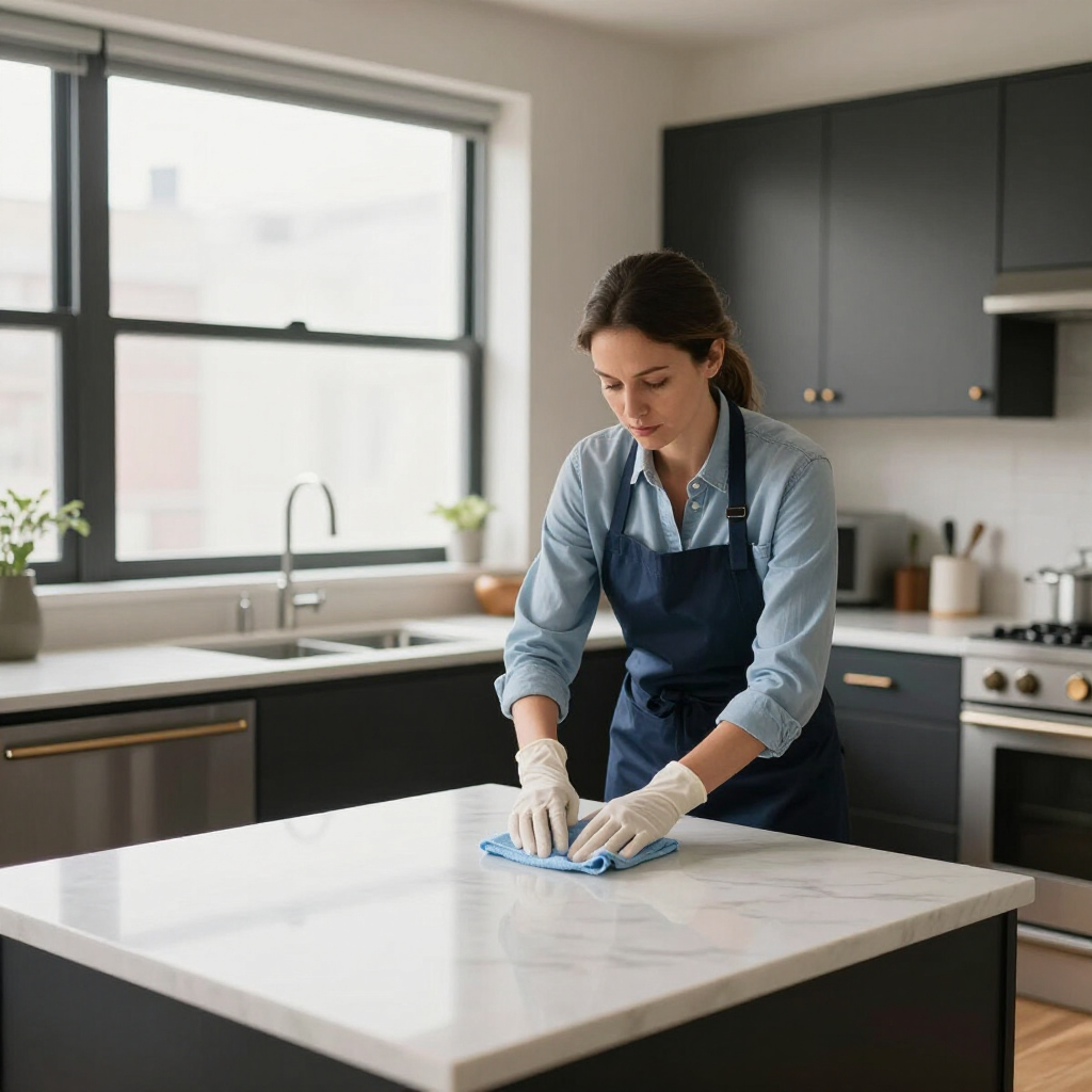 Person in a blue apron wiping a white kitchen island in a modern kitchen.