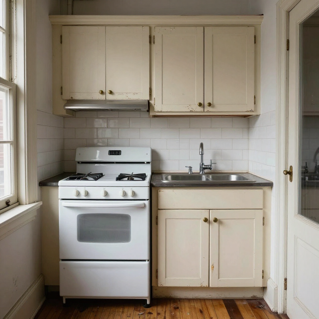 Small kitchen with white cabinets, stove, sink, and tiled backsplash in a narrow alcove.