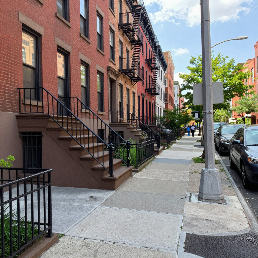 Brick apartment buildings with black iron stoops along a sunny city sidewalk with parked cars.
