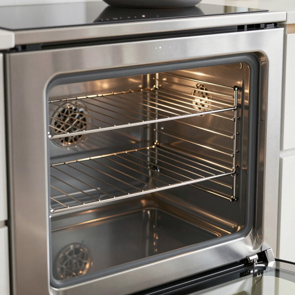 Open stainless steel oven with glass door and empty racks in a kitchen