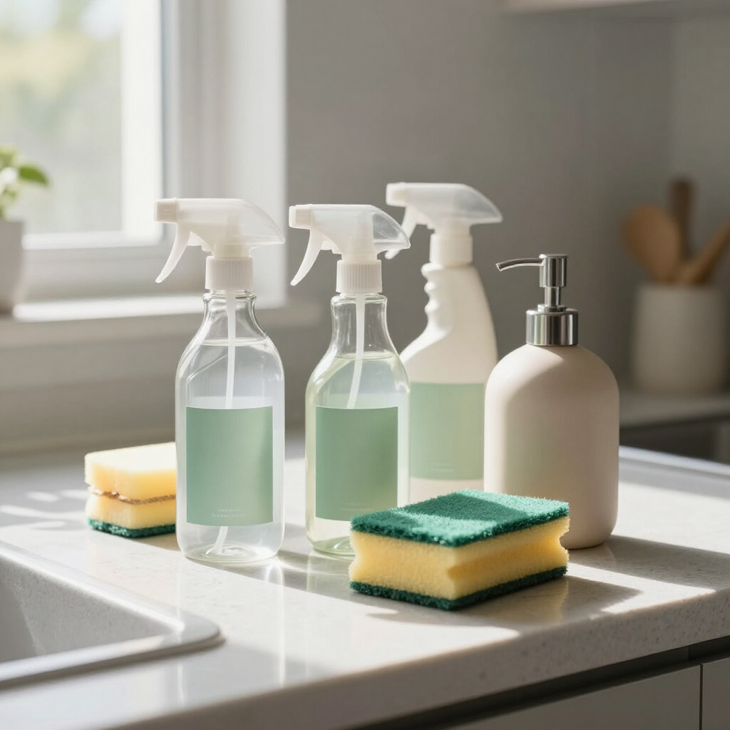 Cleaning supplies on a sunlit kitchen counter with spray bottles, soap dispensers, and sponges.