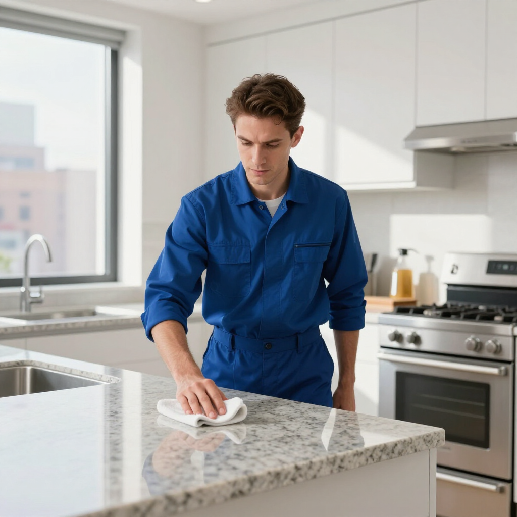 Person wiping a granite kitchen counter in a bright modern kitchen