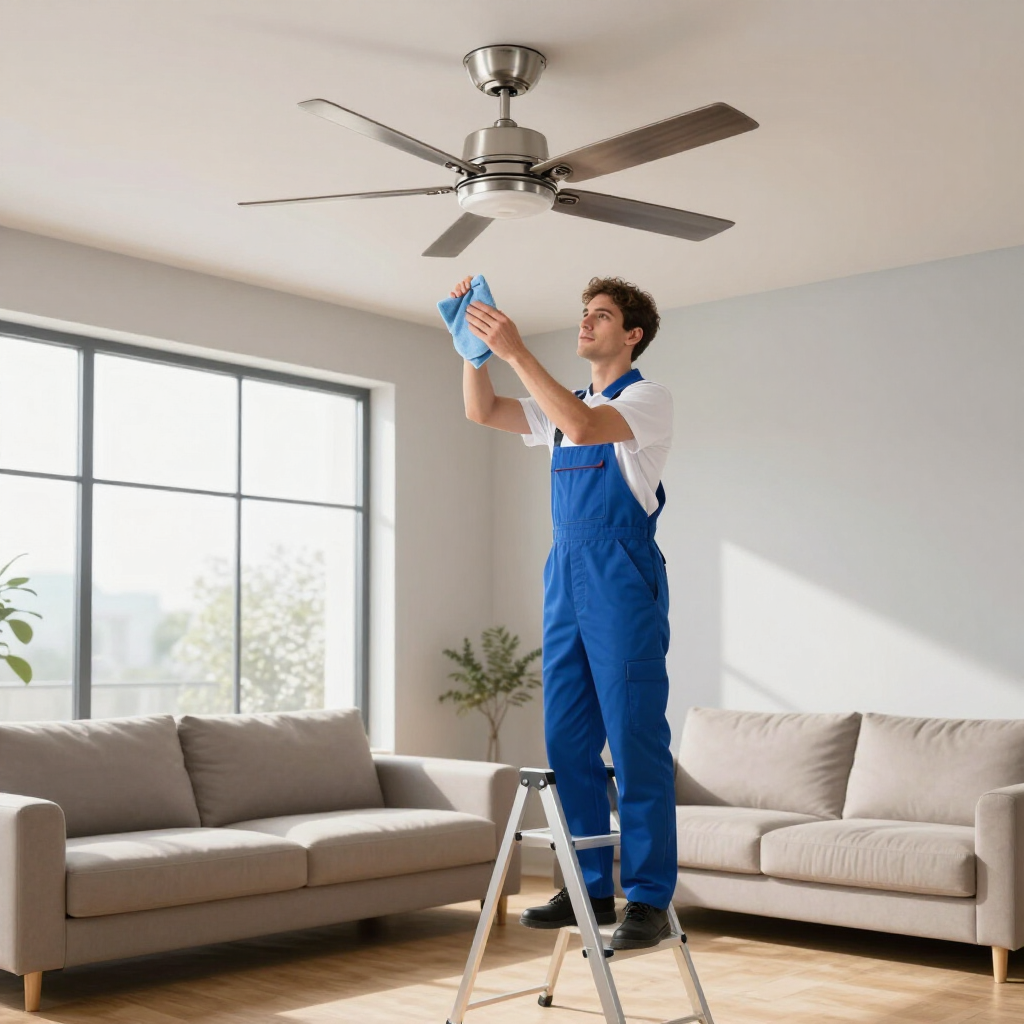 Person on a step ladder cleaning a ceiling fan in a bright living room