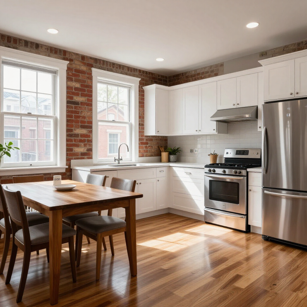 Bright kitchen with white cabinets, stainless steel appliances, brick walls, and a wooden dining table by the window.