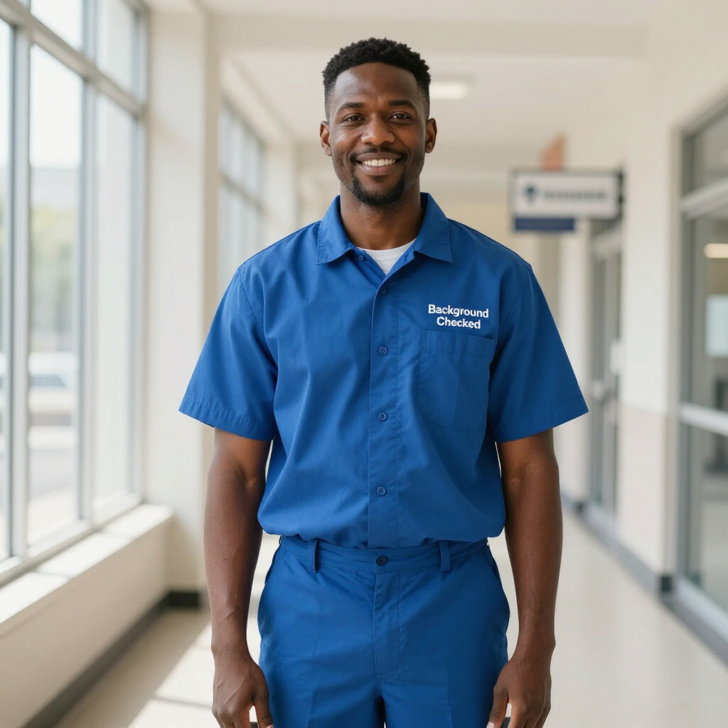 Smiling hospital worker in blue scrubs standing in a bright hallway