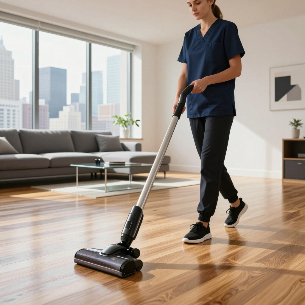 Person vacuuming a sunlit living room with hardwood floors and city view through large windows