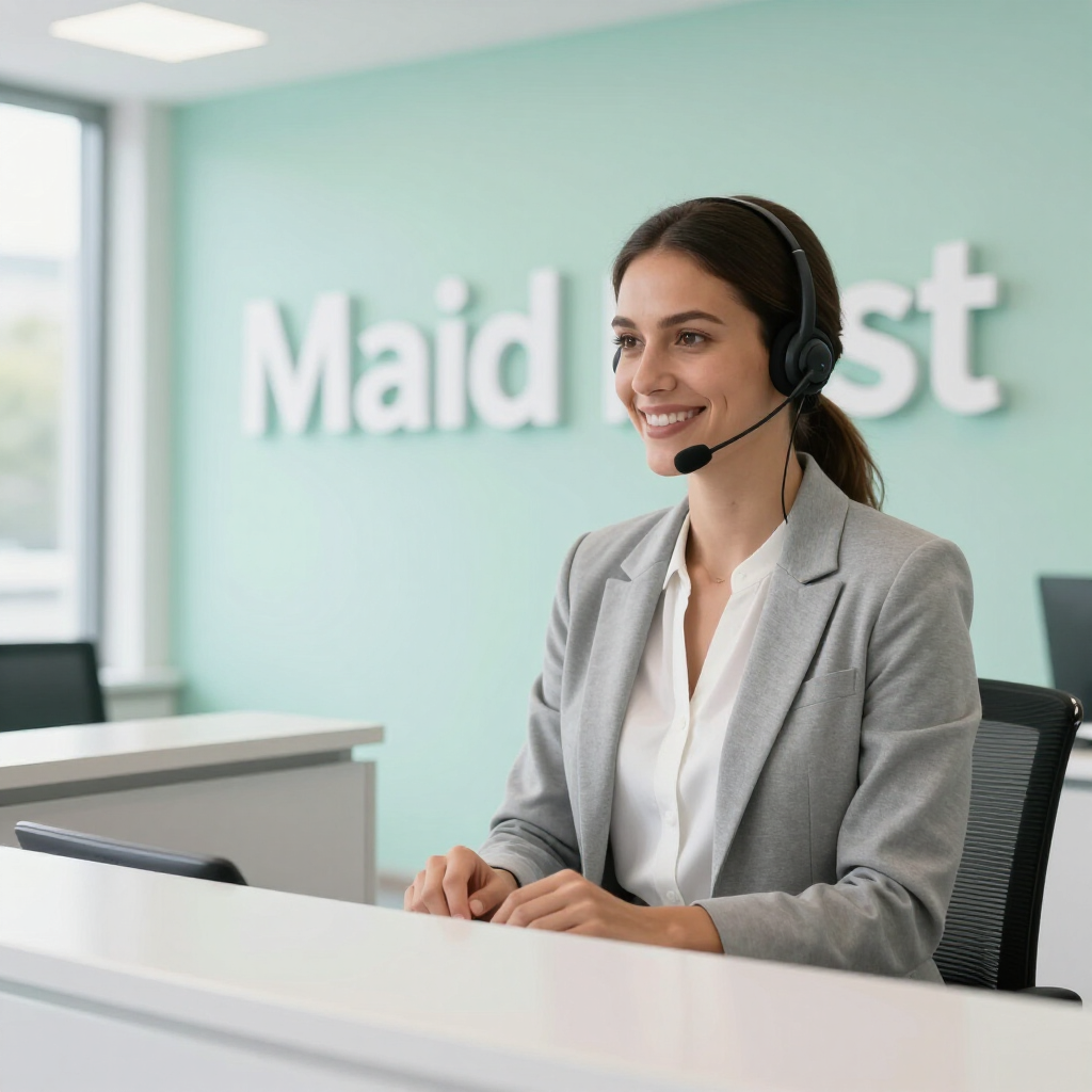 Smiling customer support agent wearing a headset at a modern office desk