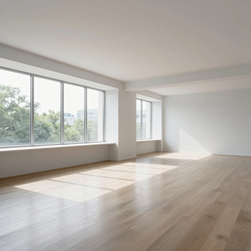 Bright empty room with large windows, white walls, and sunlight on light wood floors