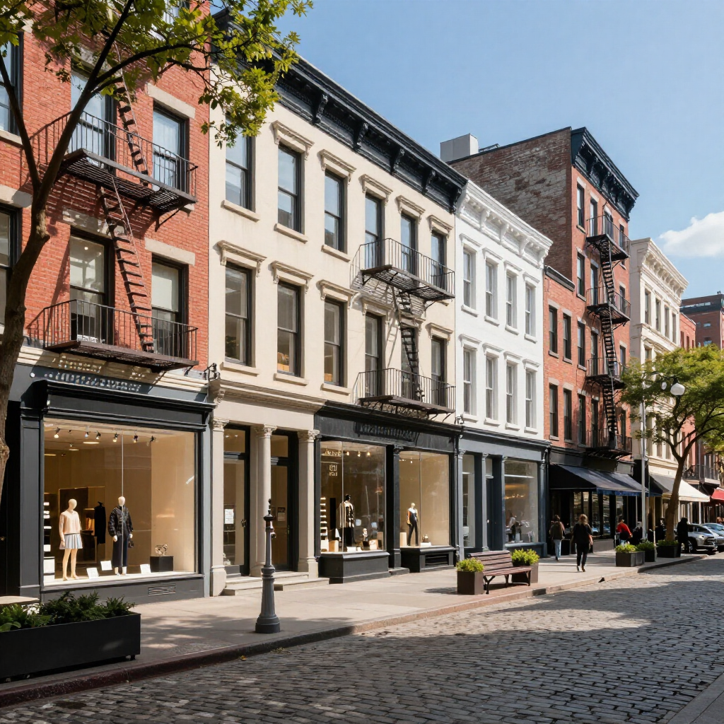 Boutique-lined cobblestone street with shoppers and storefronts in a sunny urban district