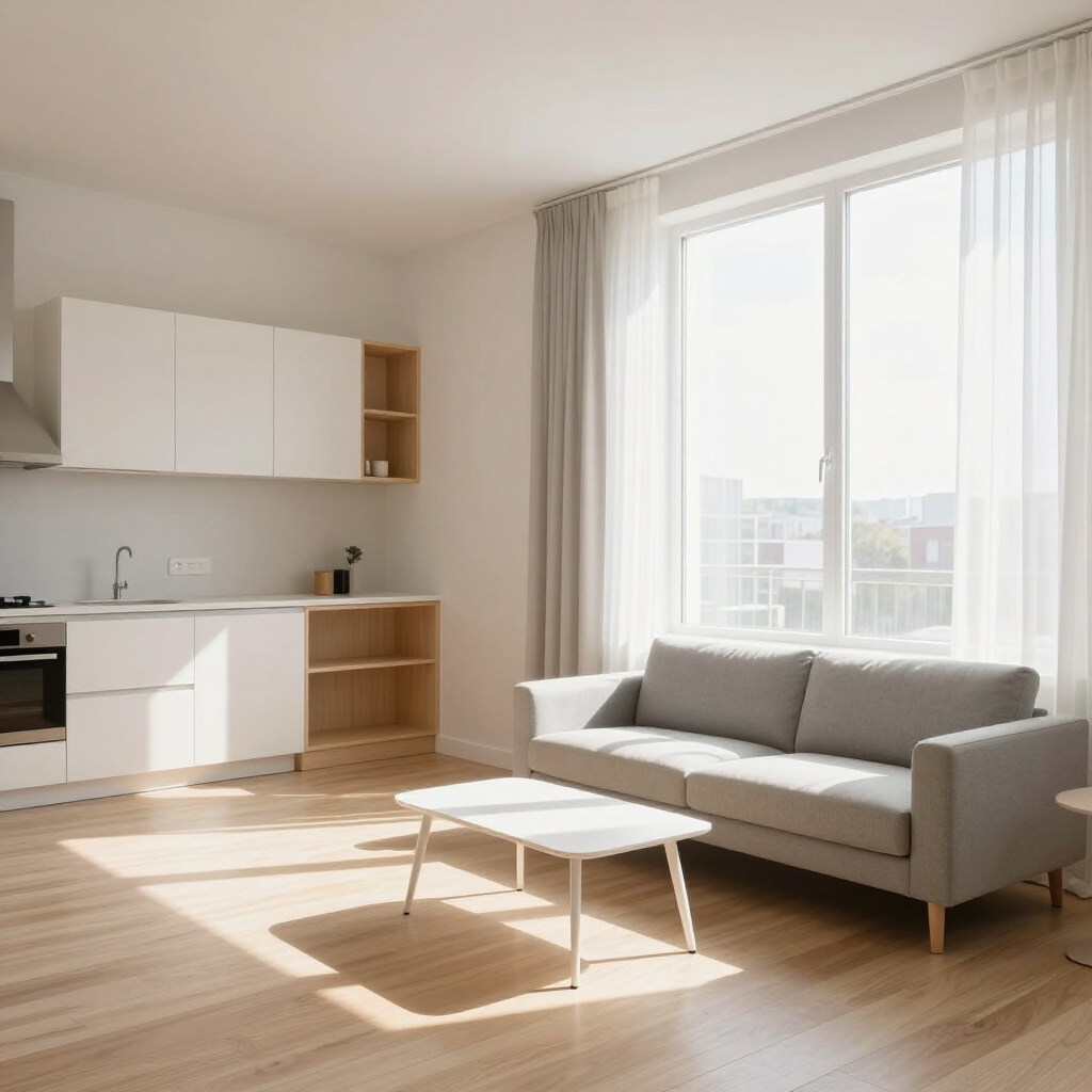 Bright modern living room with gray sofa, white coffee table, and sunlit kitchen area