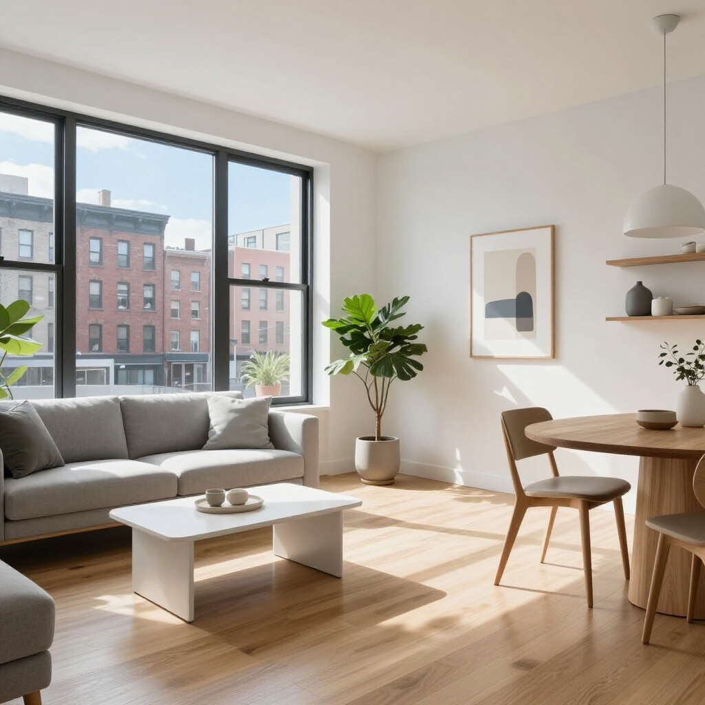Bright modern living room with gray sofa, wooden table, large window, and potted plant in sunlight