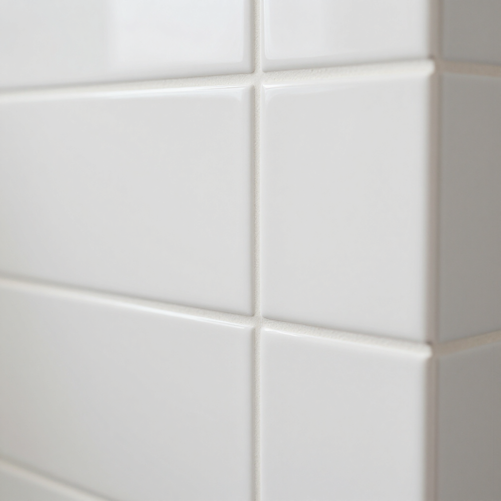 White ceramic wall tiles with light grout lines forming a corner seam