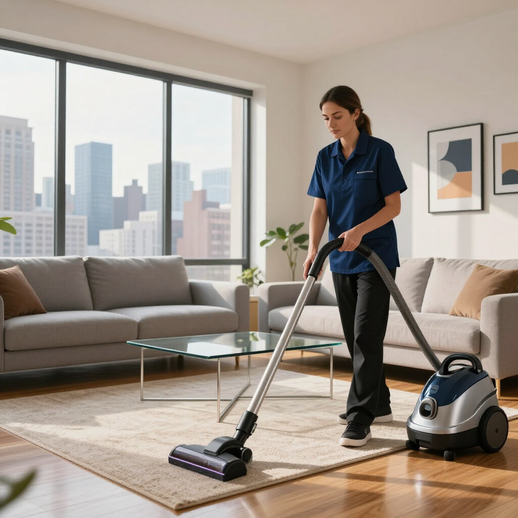 Person vacuuming a modern living room with a canister vacuum and hardwood floors.