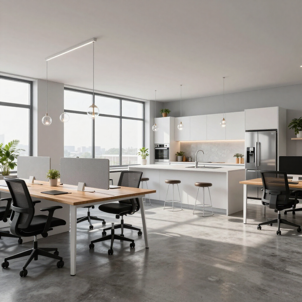 Modern open-plan office with desks, chairs, kitchen island, and large windows in bright daylight