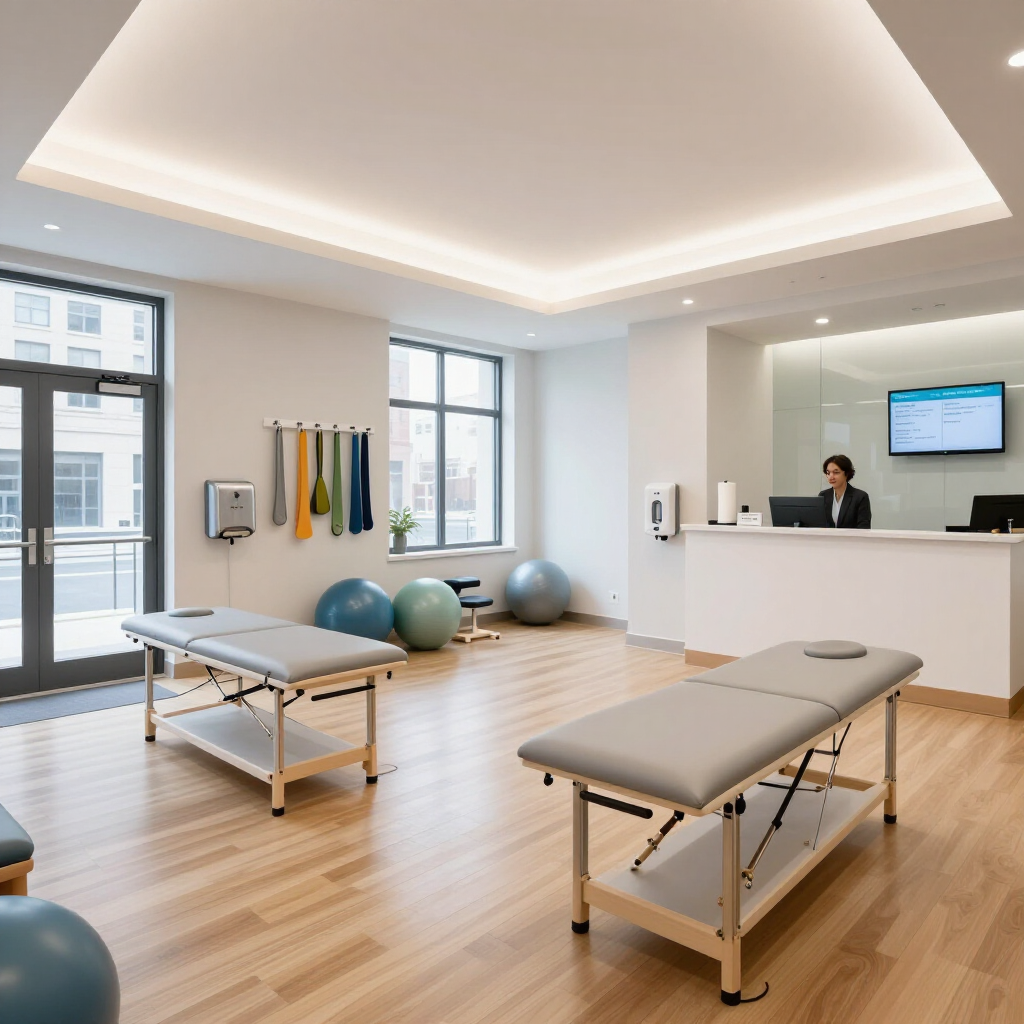 Modern physical therapy clinic with treatment tables, exercise balls, and a reception desk