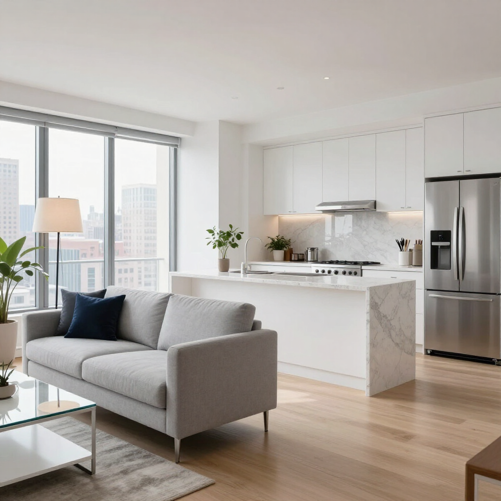 Bright modern apartment living room and kitchen with gray sofa, glass coffee table, and stainless steel fridge.