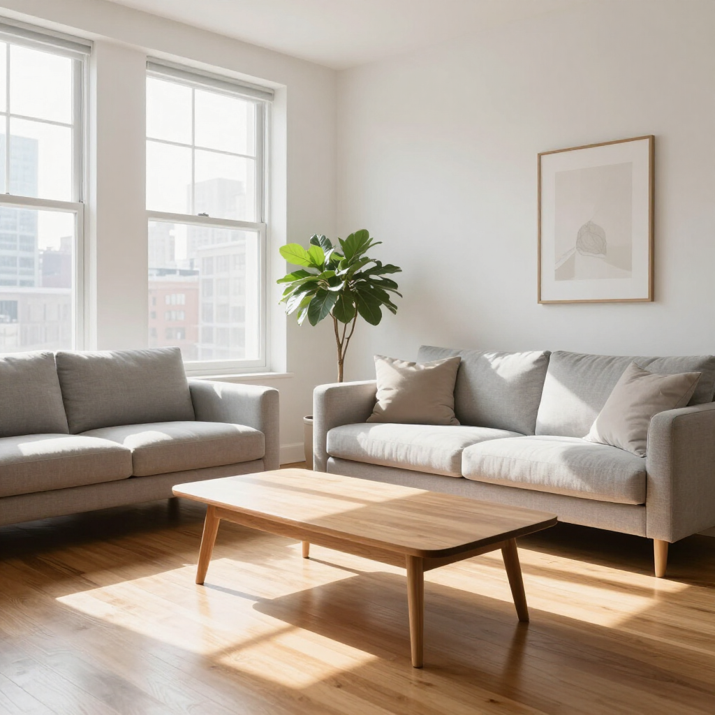 Bright living room with two gray sofas, wooden coffee table, plant, and sunlight through large windows