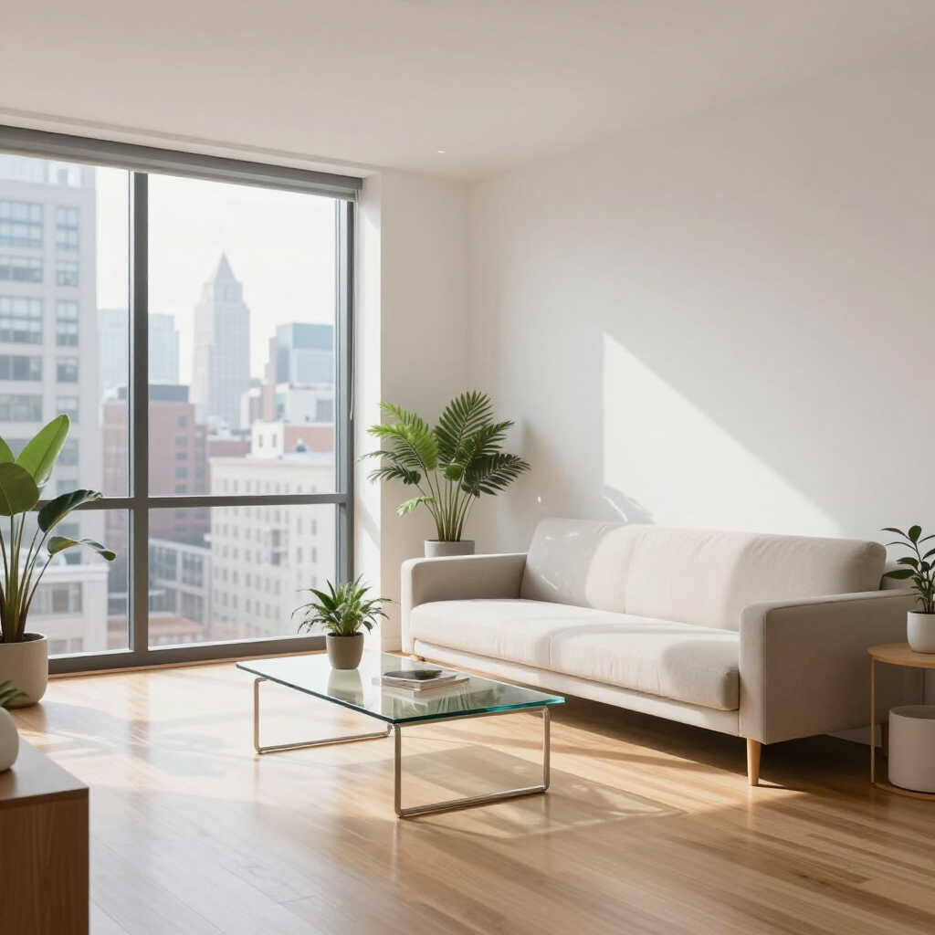 Bright living room with beige sofa, glass coffee table, plants, and city view through large windows