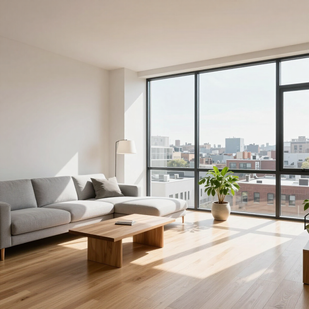 Bright modern living room with gray sofa, wooden table, and sunlight through large windows overlooking the city