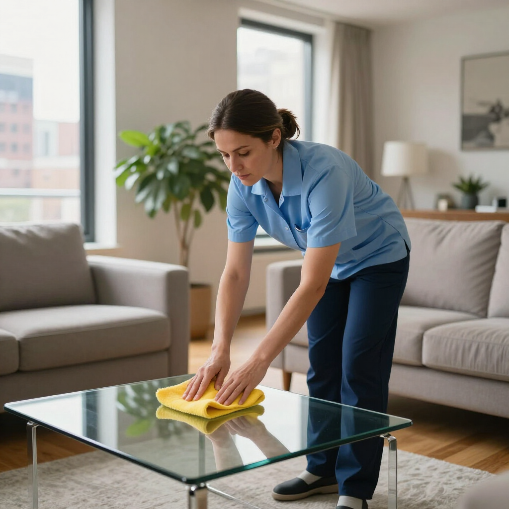 Person wiping a glass coffee table with a yellow cloth in a bright living room
