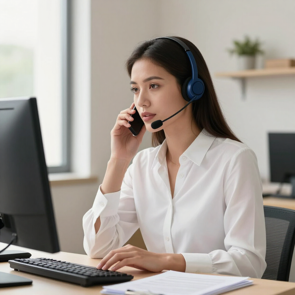 Woman in white blouse wearing headset, talking on phone at desk with computer and keyboard