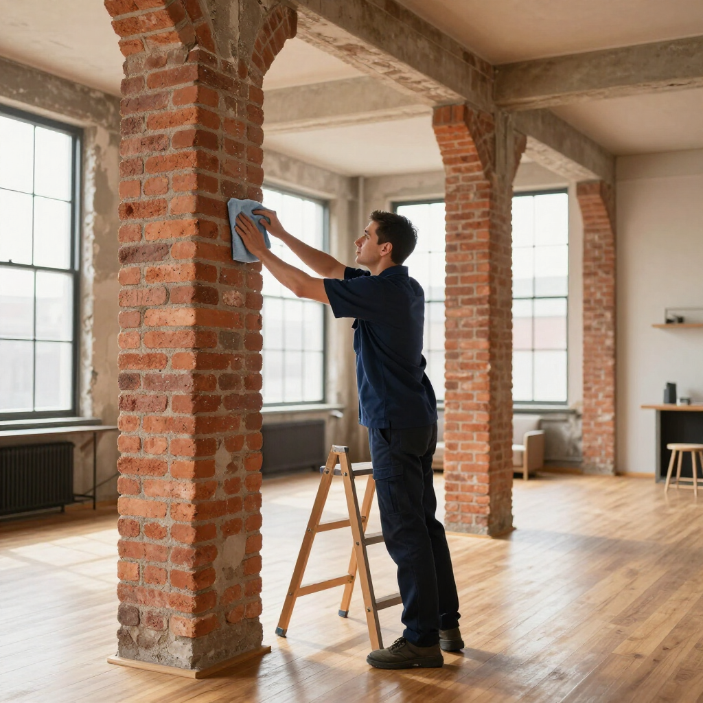 Man cleaning a brick column in a bright loft with large windows and a wooden ladder