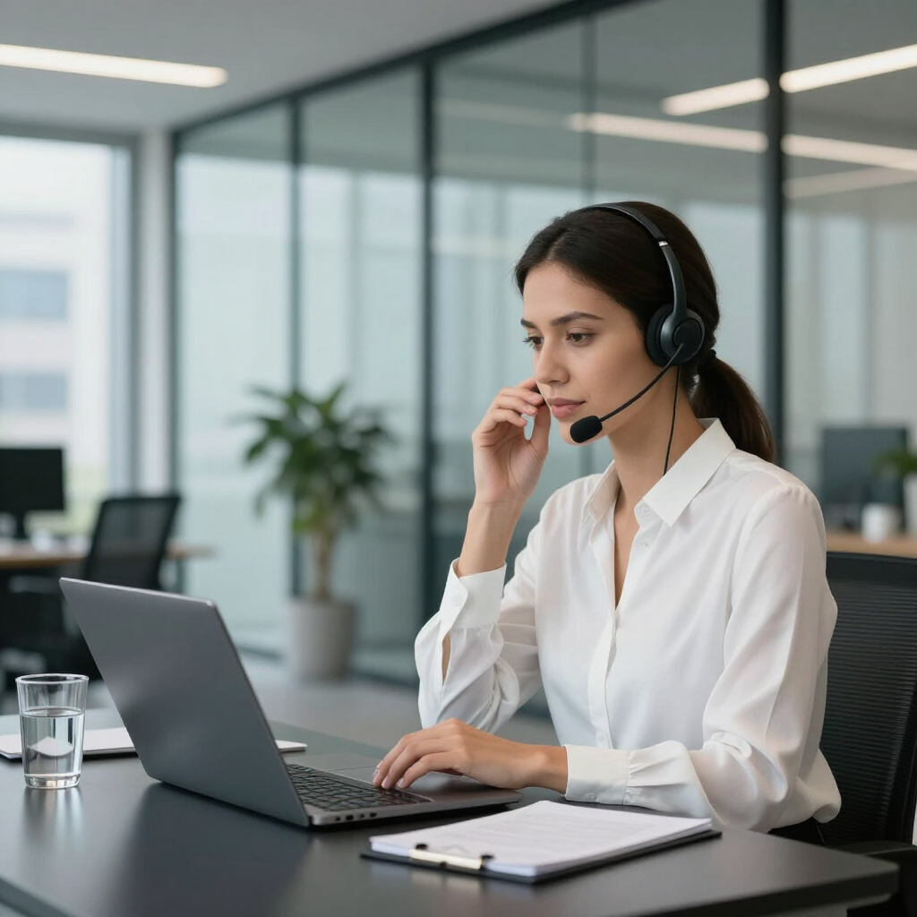 Woman wearing a headset working on a laptop in a modern office conference room