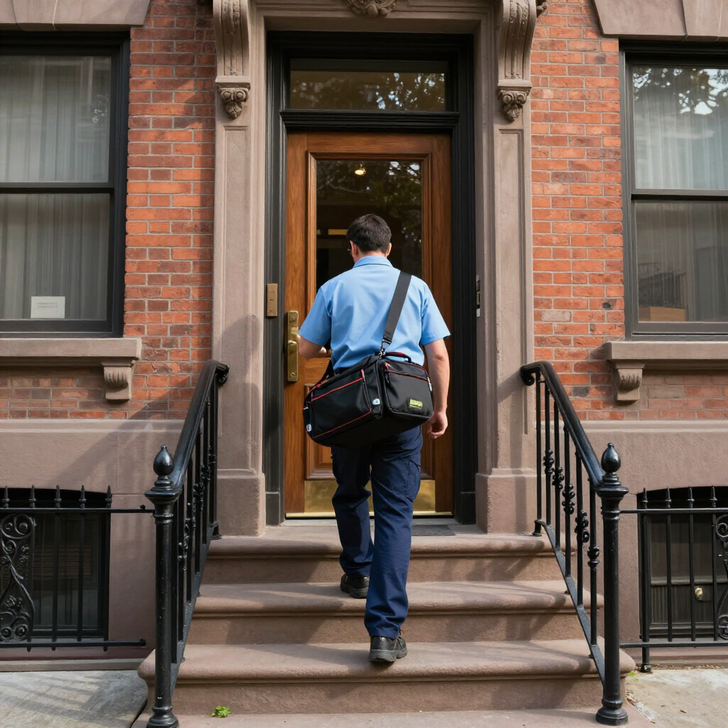Person with a shoulder bag walking up steps to a brownstone doorway