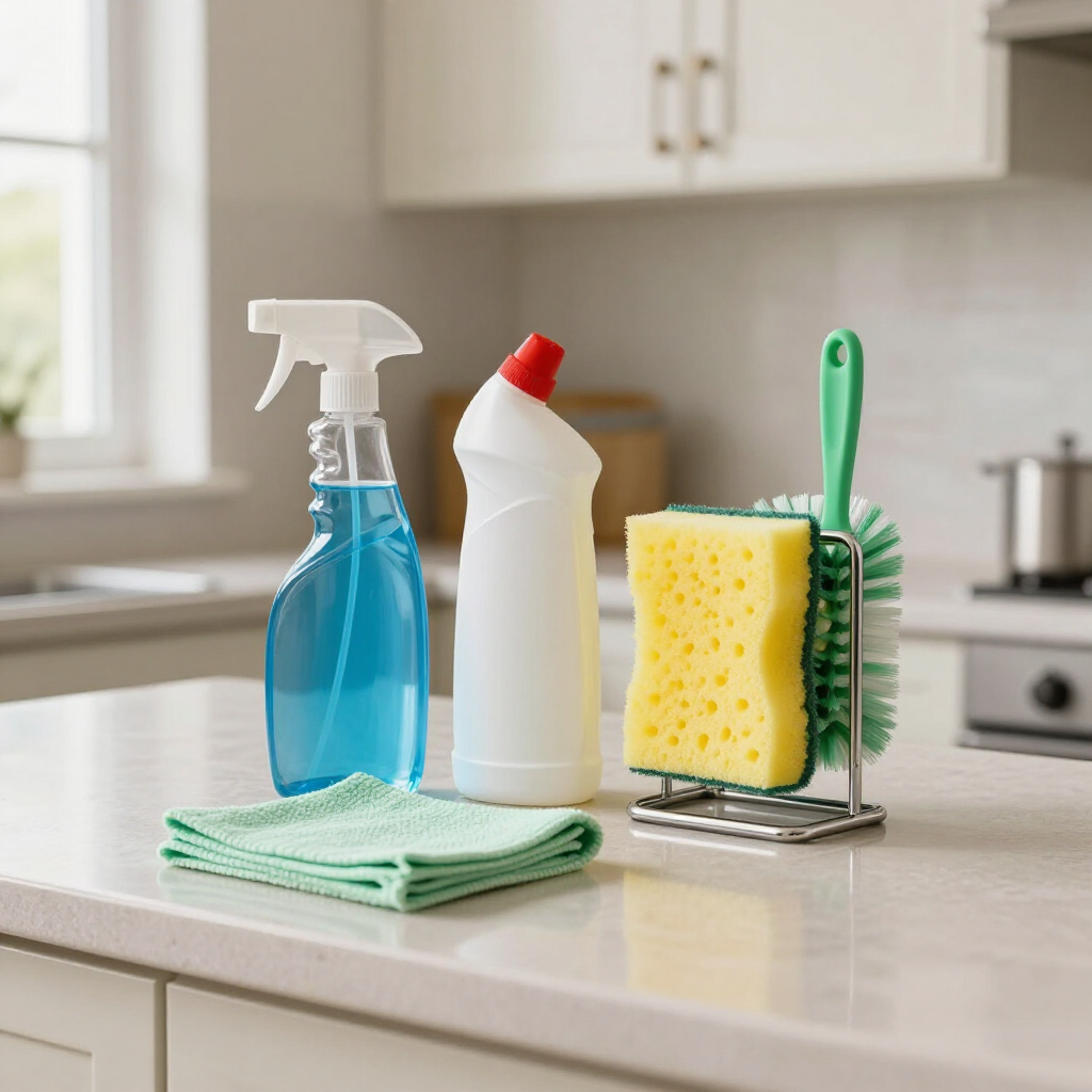 Cleaning supplies on a kitchen counter: spray bottle, cleaner, sponge, brush, and cloths