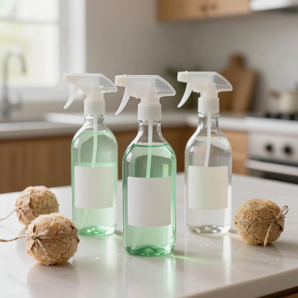 Three spray bottles with green liquid on a kitchen counter beside decorative wicker balls.