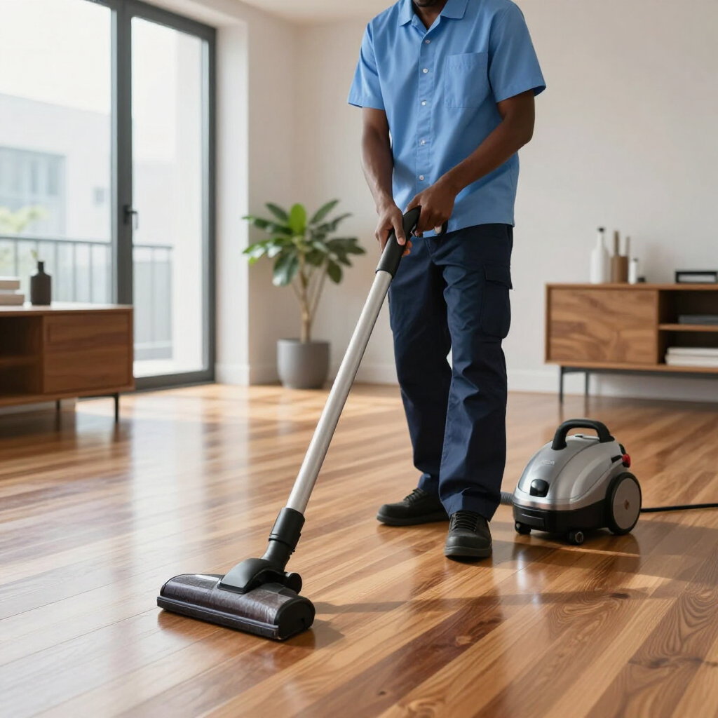 Person vacuuming a hardwood floor in a bright living room with a canister vacuum nearby