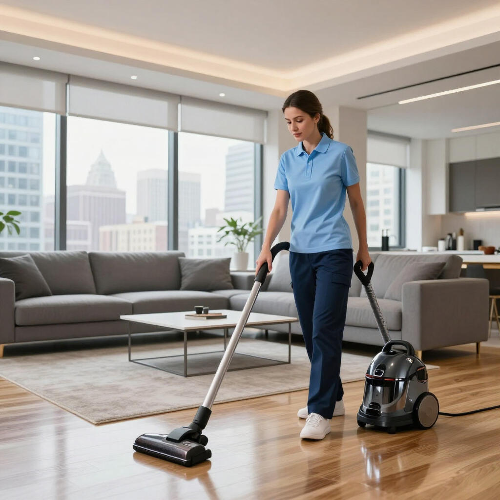 Woman vacuuming a modern living room with a canister vacuum, large windows and gray sofa in the background