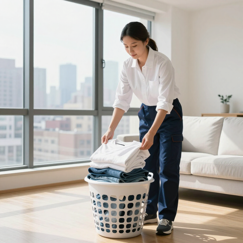 Person folding laundry beside a basket in a bright living room near large windows