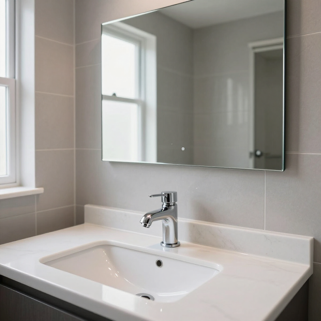 Modern bathroom sink with chrome faucet, large mirror, and beige tile walls