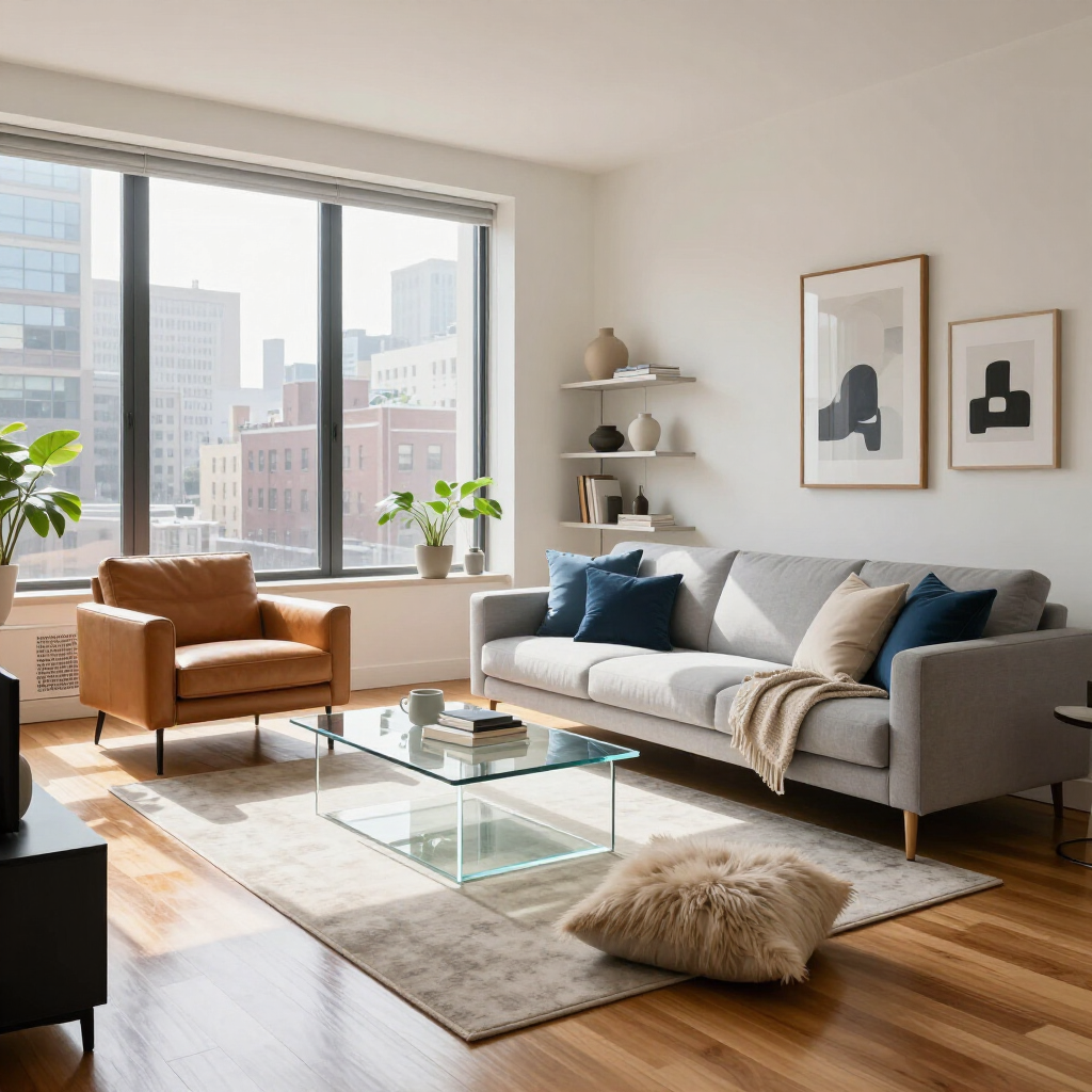 Bright modern living room with gray sofa, tan chair, glass coffee table, and city view through large windows