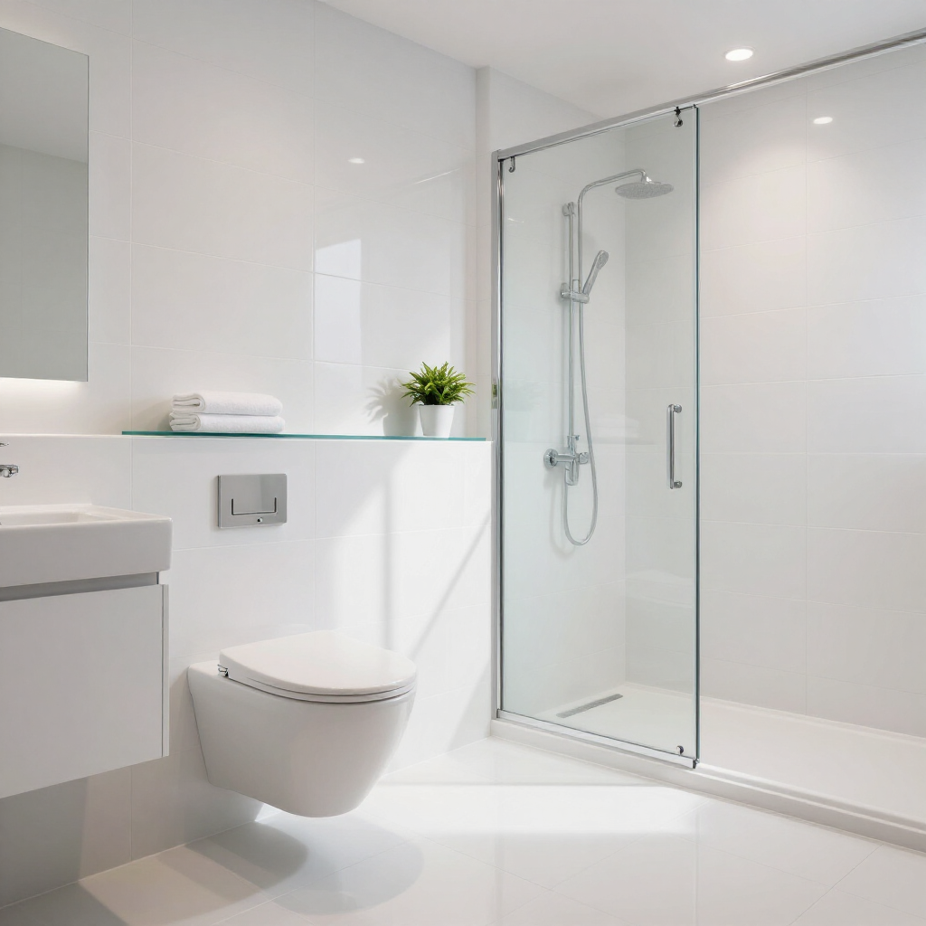 Modern white bathroom with wall-mounted toilet, glass shower enclosure, and vanity sink