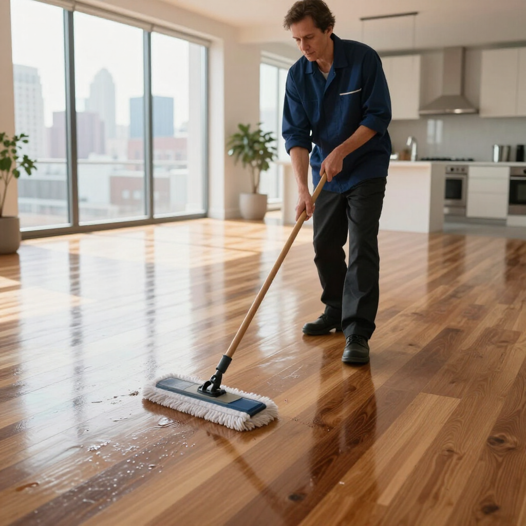 Person mopping a shiny hardwood floor in a bright modern apartment.