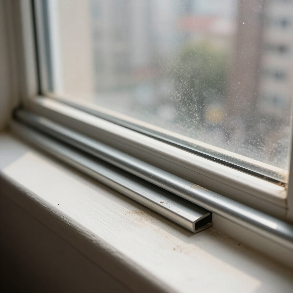 Silver window latch on a white sill beside a rain-speckled window with blurred buildings outside