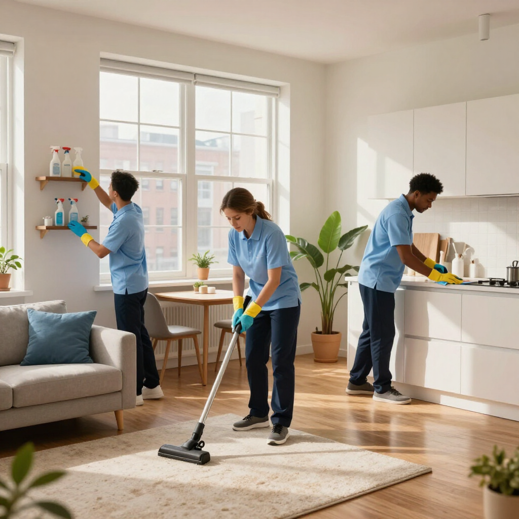Three people cleaning a bright living room, dusting shelves, vacuuming, and washing dishes near a window.