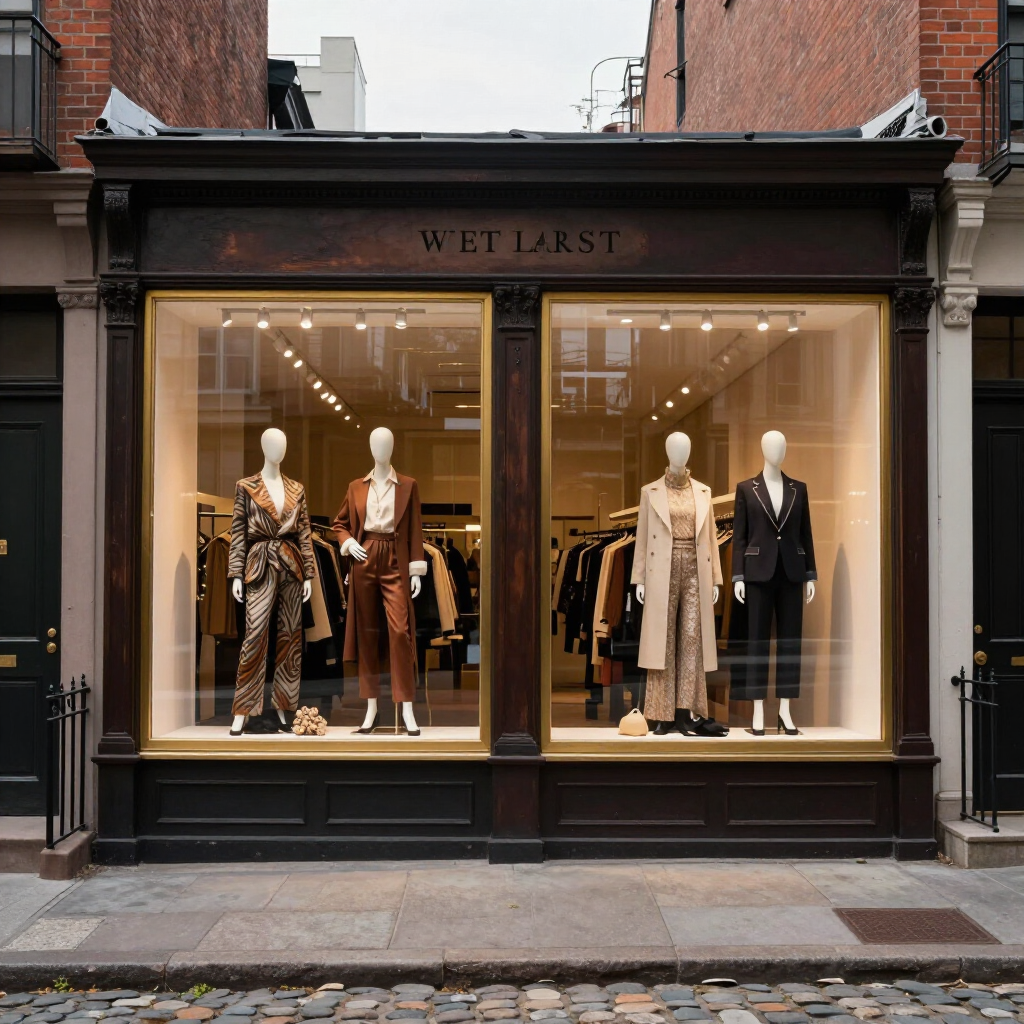 West End storefront with mannequins in the window displaying fashionable clothing