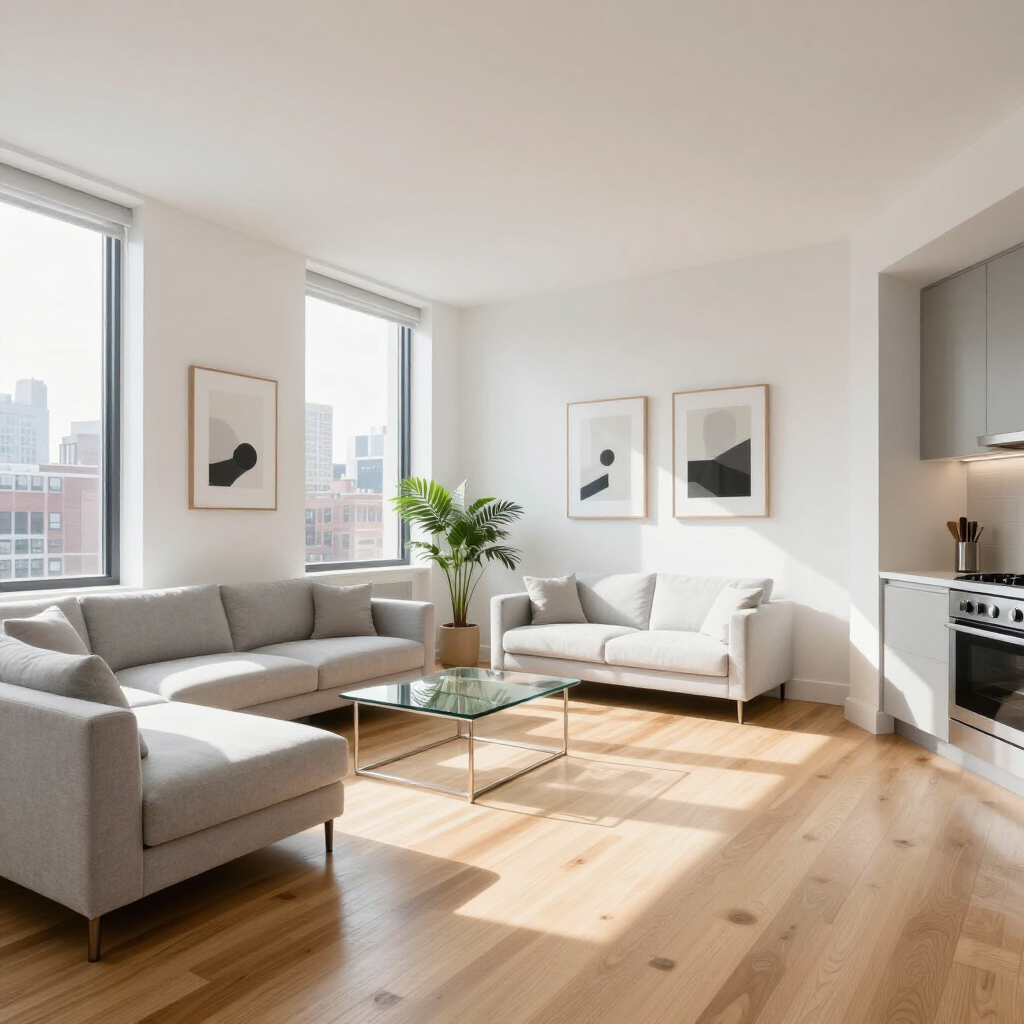 Bright modern living room with gray sectional, glass coffee table, large windows, and sunlight on wood floors