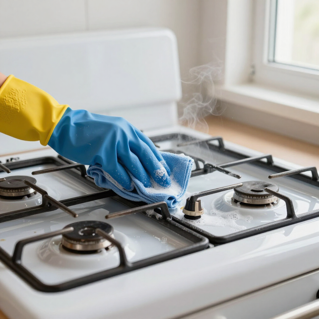 Blue-gloved hand wiping a white gas stovetop with a cloth near a window