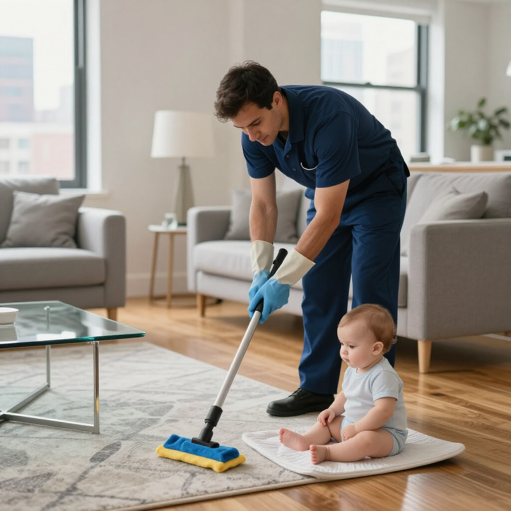 Man in blue scrubs mopping a rug beside a seated baby in a bright living room.